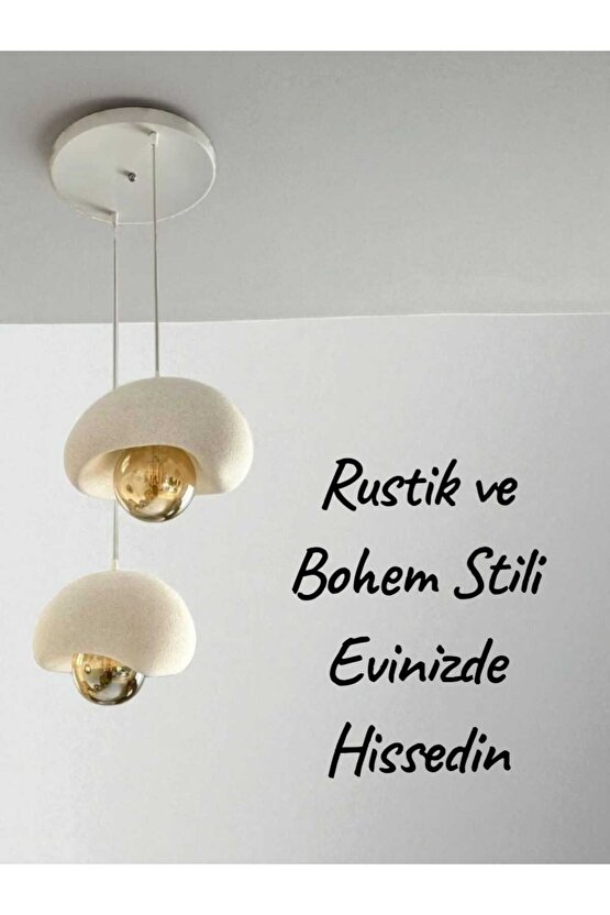 Beyaz Modern Dekoratif BOHEM ve RUSTİK 2li Beton Görünüm Sarkıt Avize (Rustik Ampul Hediyedir)