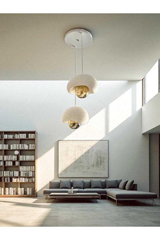 Beyaz Modern Dekoratif BOHEM ve RUSTİK 2li Beton Görünüm Sarkıt Avize (Rustik Ampul Hediyedir)