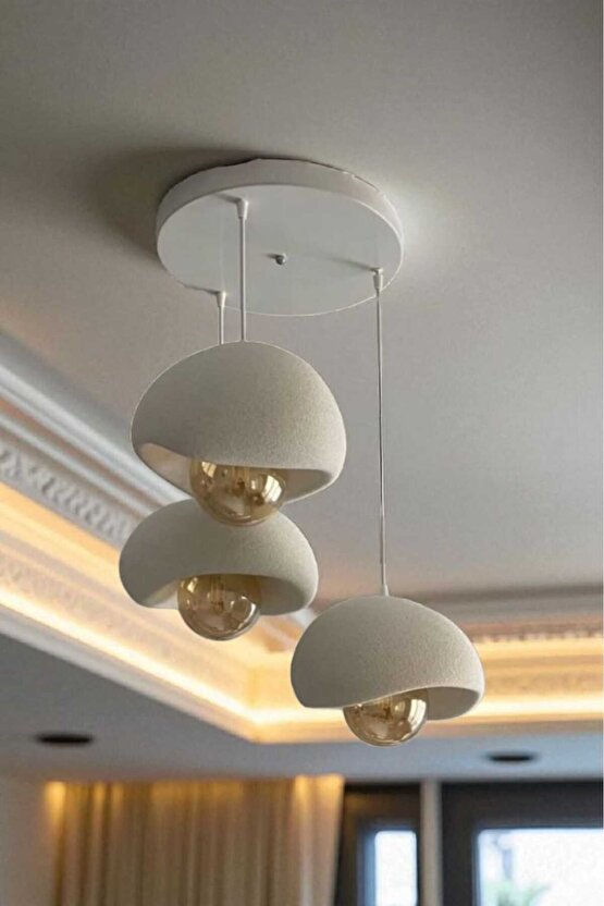 Beyaz Modern Dekoratif BOHEM ve RUSTİK 3lü Beton Görünüm Sarkıt Avize (Rustik Ampul Hediyedir)