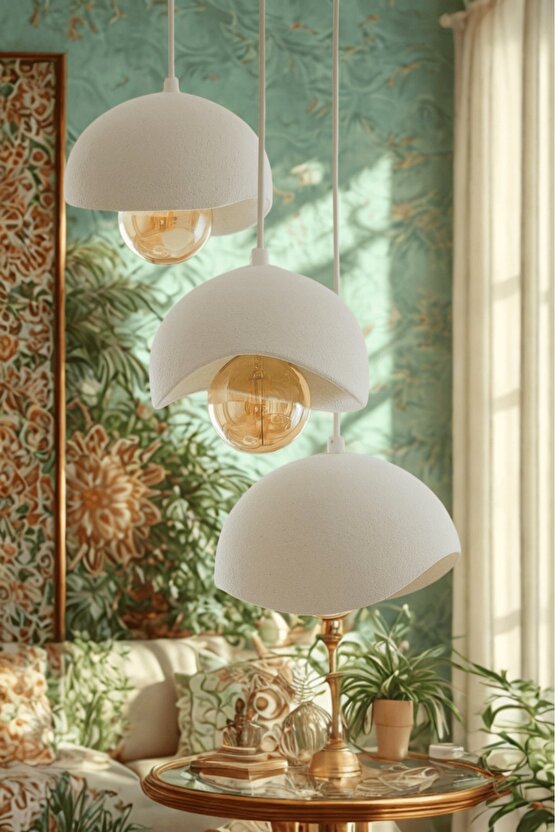 Beyaz Modern Dekoratif BOHEM ve RUSTİK 3lü Beton Görünüm Sarkıt Avize (Rustik Ampul Hediyedir)