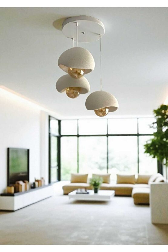 Beyaz Modern Dekoratif BOHEM ve RUSTİK 3lü Beton Görünüm Sarkıt Avize (Rustik Ampul Hediyedir)