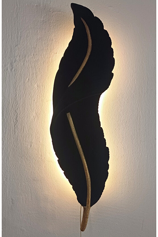 Tüy Aplik Ledli Pilli Kadife Kaplama Gold Detaylı Dekoratif Duvar Aydınlatma 60x16 cm