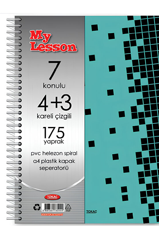 My Lesson Pp Kapak A4 4+3 175 Yaprak Spiralli 7 Bölmeli Ayraçlı Kareli Çzgili Defter