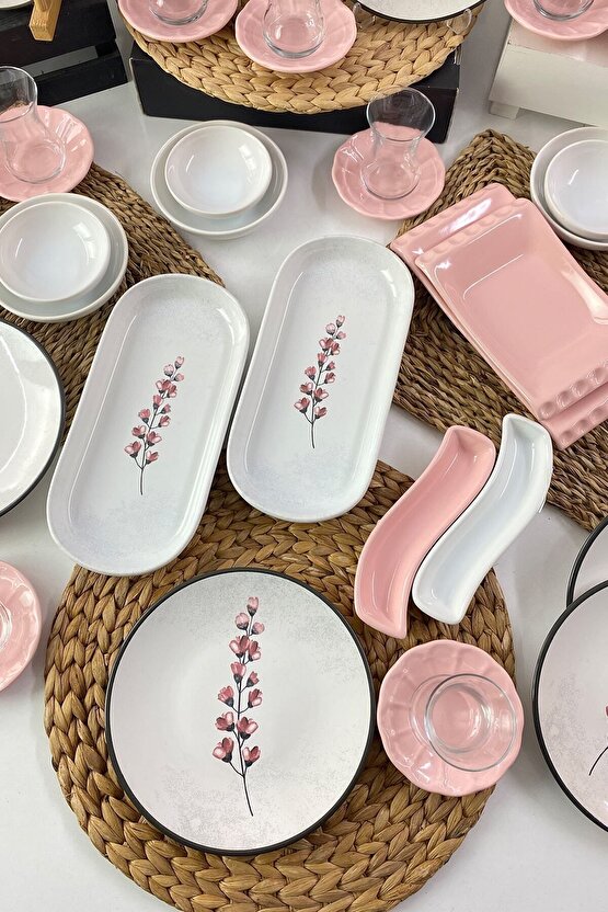 Pembe Çiçekli Kahvaltı Takımı 12 Kişilik 50 Parça