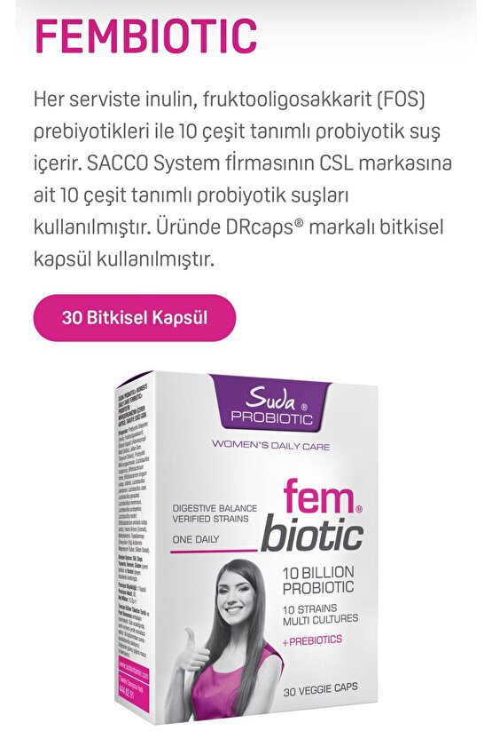 FemBiotic Kadınlara Özel Probiyotik+Prebiyotik,Vajinal Flora Desteği,Sindirim Sağlığı 30 Kapsül