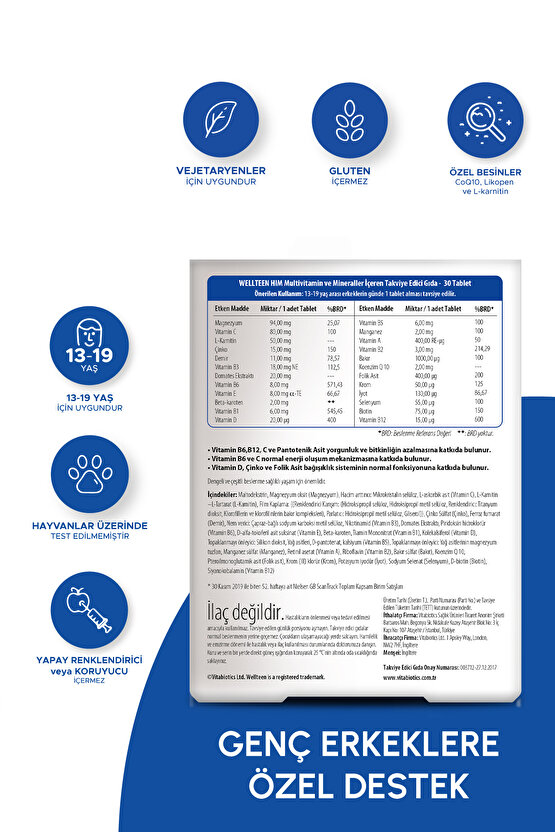 D Vitamini, Koenzim Q-10, L-Karnitin İçeren Genç Erkeklere Özel Vitamin Desteği 30 Tablet