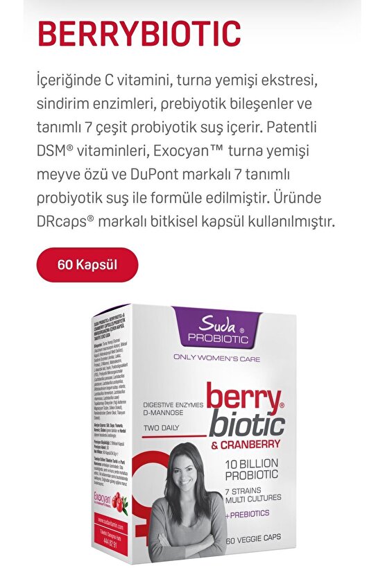 BerryBiotic Turna Yemişli Probiyotik + Prebiyotik+ D-Mannoz İdrar Yolu Sağlığı, 60 Bitkisel Kapsül