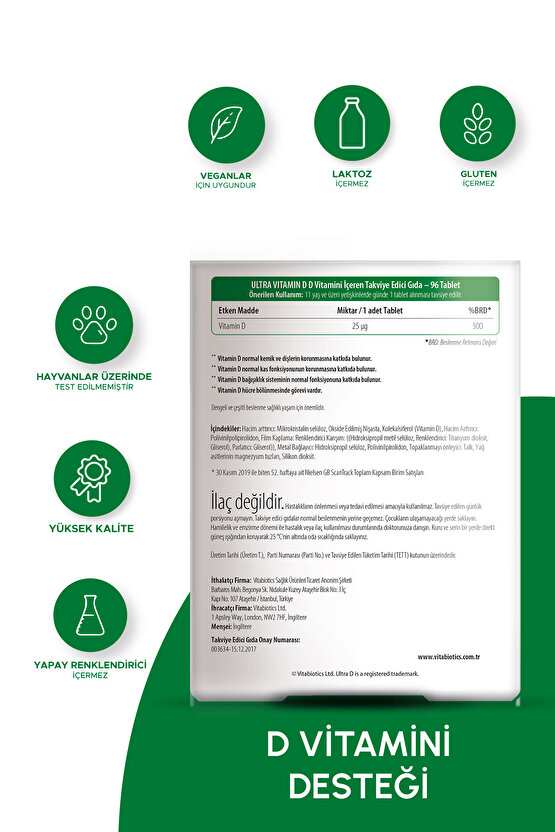 Ultra Vitamin D 1000 IU D3 Vitamini İçeren Takviye Edici Gıda 96 Tablet