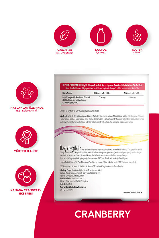 Ultra Cranberry Büyük Meyveli Vaksiniyum İçeren Takviye Edici Gıda 30 Tablet