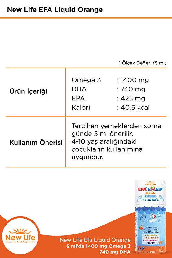 Efa Liquid Orange Balık Yağı 150 ml - 1400mg Omega 3 - 740mg DHA - 425mg EPA