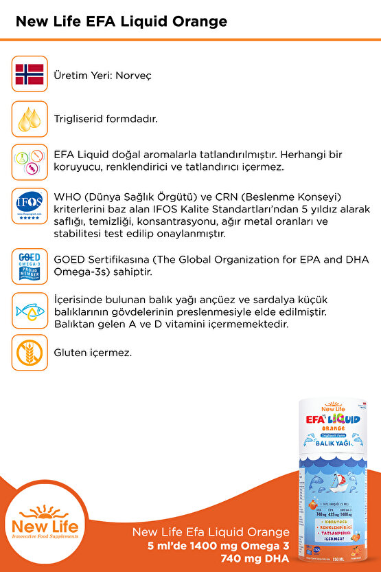 Efa Liquid Orange Balık Yağı 150 ml - 1400mg Omega 3 - 740mg DHA - 425mg EPA