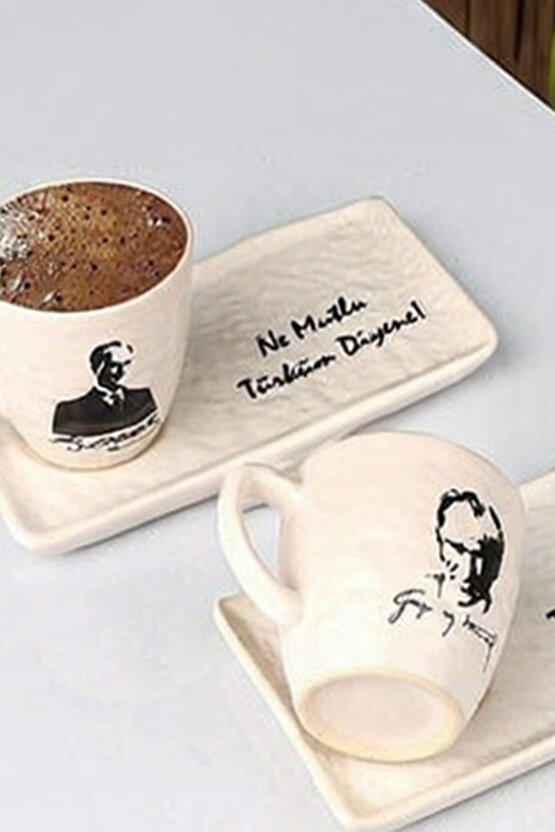 2 Kişilik Atatürk Desenli İmzalı Tepsili Kahve Fincan Takımı 4 Parça