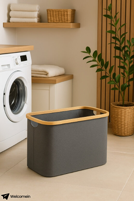 Katlanabilir Bambu Çamaşır Sepeti 50 Litre - 54x33x28 cm | Gri Kumaş, Şık ve Pratik Kirli Sepeti
