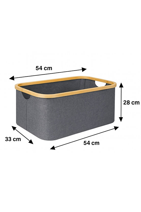 Katlanabilir Bambu Çamaşır Sepeti 50 Litre - 54x33x28 cm | Gri Kumaş, Şık ve Pratik Kirli Sepeti