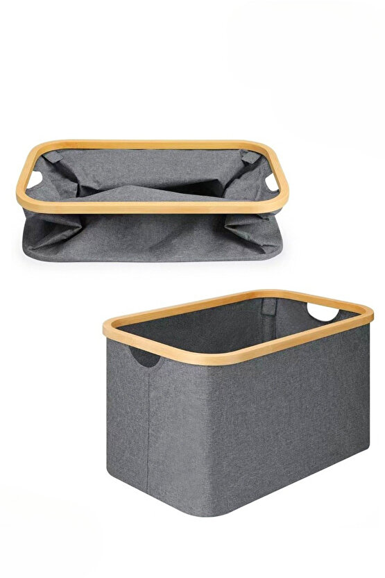 Katlanabilir Bambu Çamaşır Sepeti 50 Litre - 54x33x28 cm | Gri Kumaş, Şık ve Pratik Kirli Sepeti