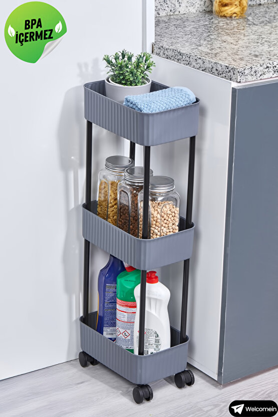 Easy 3 Katlı Çok Amaçlı Raf Mutfak Ve Banyo Organizer Düzenleyici (Tkerlekli) Kaliteli Şık