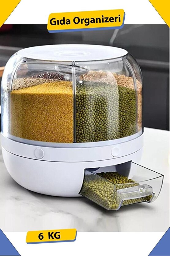 Çok Amaçlı 360° Dönebilen 6 Bölmeli Gıda Ve Kuru Bakliyat Organizeri Saklama Kabı BAKLİYAT ORGANİZER