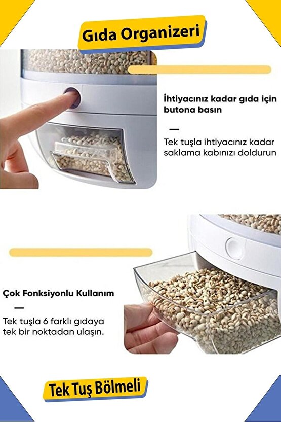 Çok Amaçlı 360° Dönebilen 6 Bölmeli Gıda Ve Kuru Bakliyat Organizeri Saklama Kabı BAKLİYAT ORGANİZER