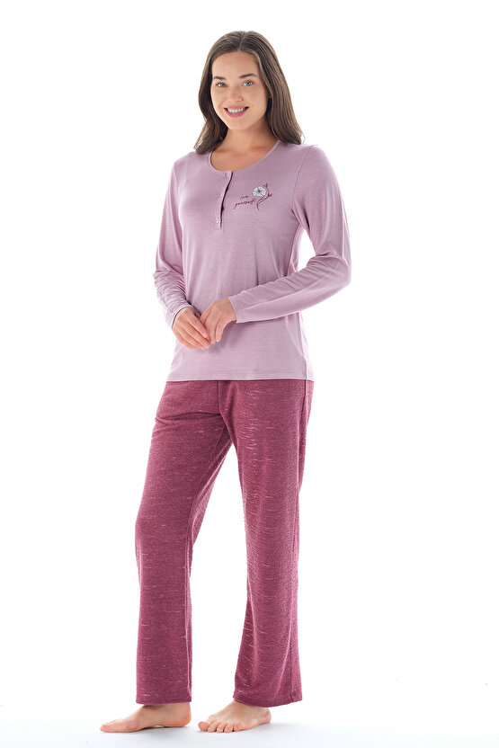 Kadın Yakası Düğmeli Zikzak Desenli Belden Kuşaklı 3lü Pijama Takımı