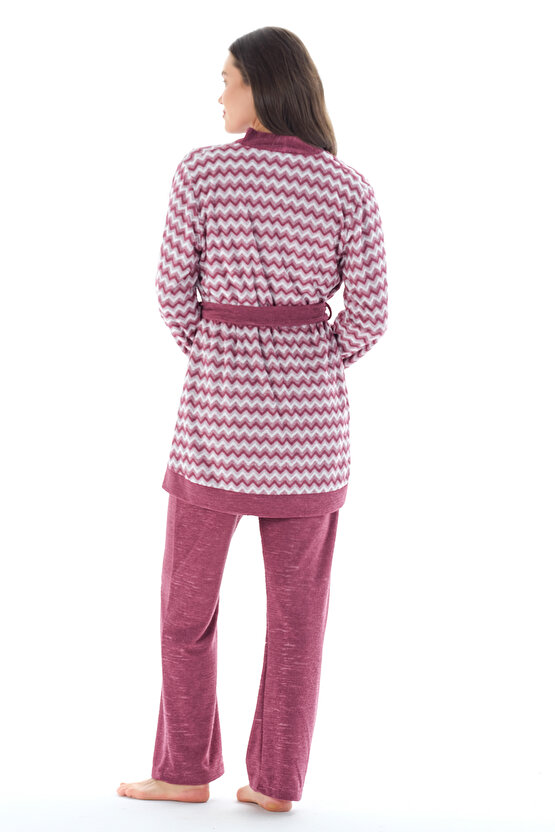 Kadın Yakası Düğmeli Zikzak Desenli Belden Kuşaklı 3lü Pijama Takımı
