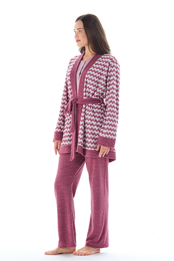 Kadın Yakası Düğmeli Zikzak Desenli Belden Kuşaklı 3lü Pijama Takımı