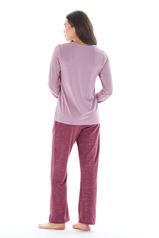 Kadın Yakası Düğmeli Zikzak Desenli Belden Kuşaklı 3lü Pijama Takımı