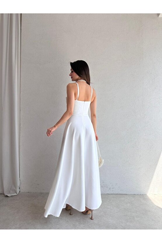 Kadın İnce askılı Göğüs Deniz Kabuğu Detaylı Kalp Yaka Uzun Elbise