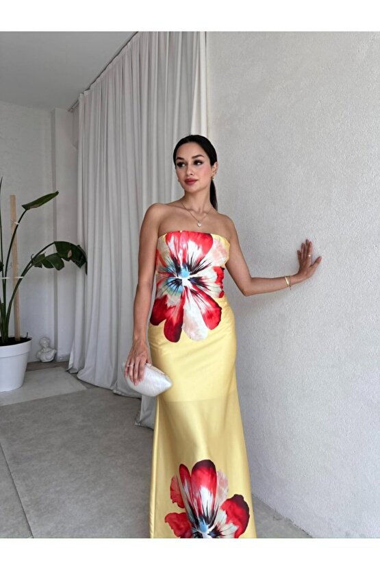Kadın Straplez Dijital Baskı Maxi Boy Saten Elbise