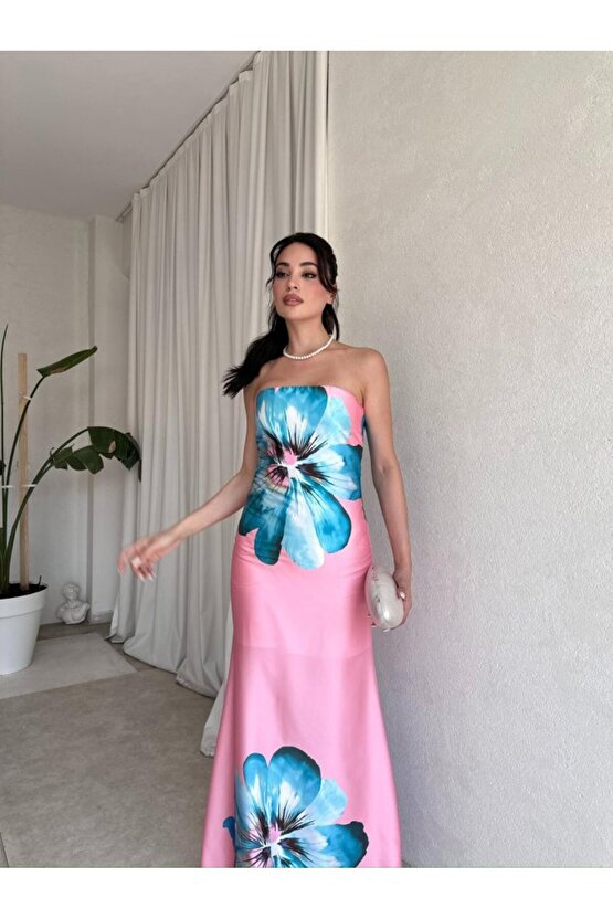 Kadın Straplez Dijital Baskı Maxi Boy Saten Elbise
