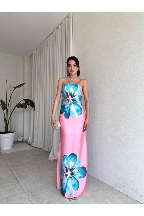 Kadın Straplez Dijital Baskı Maxi Boy Saten Elbise