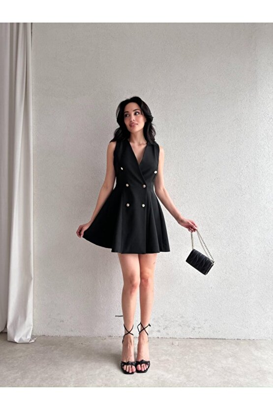 Kadın Kruvaze Yaka Düğmeli Mini Elbise