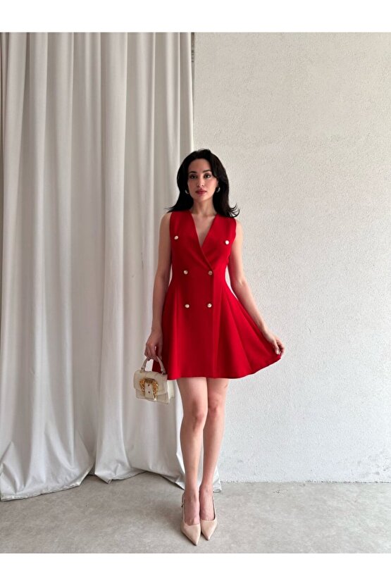 Kadın Kruvaze Yaka Düğmeli Mini Elbise