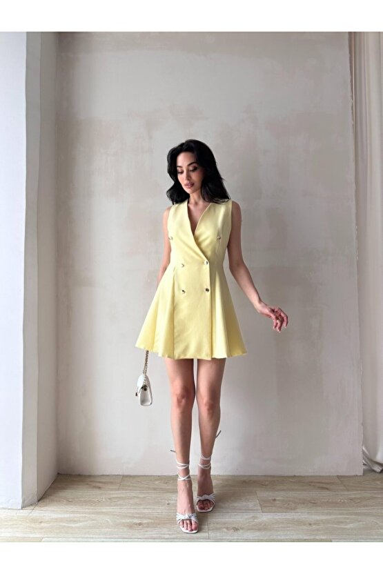 Kadın Kruvaze Yaka Düğmeli Mini Elbise