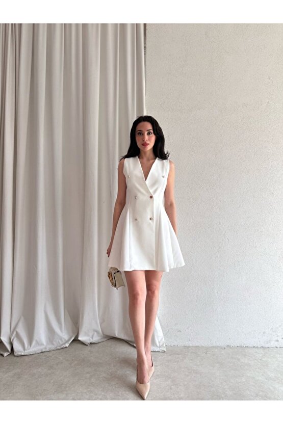 Kadın Kruvaze Yaka Düğmeli Mini Elbise
