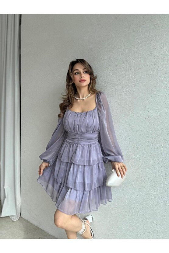 Kadın Kare Yaka Kat Etekli Transparan Kollu Mini Şifon Elbise