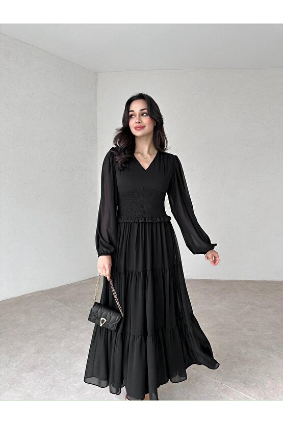 V Yaka Astarlı Beli Lastikli Şifon Kumaş Uzun Boy Siyah Elbise