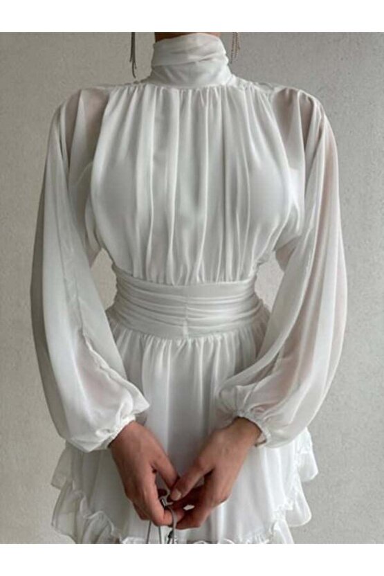 Kadın Dik Yakalı Şifon Elbise