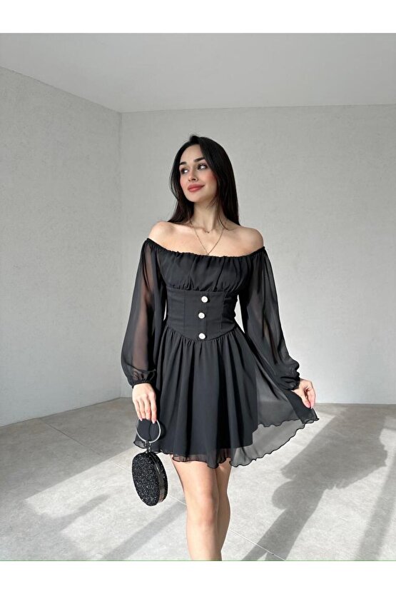 Düğme Detaylı Mini Şifon Elbise
