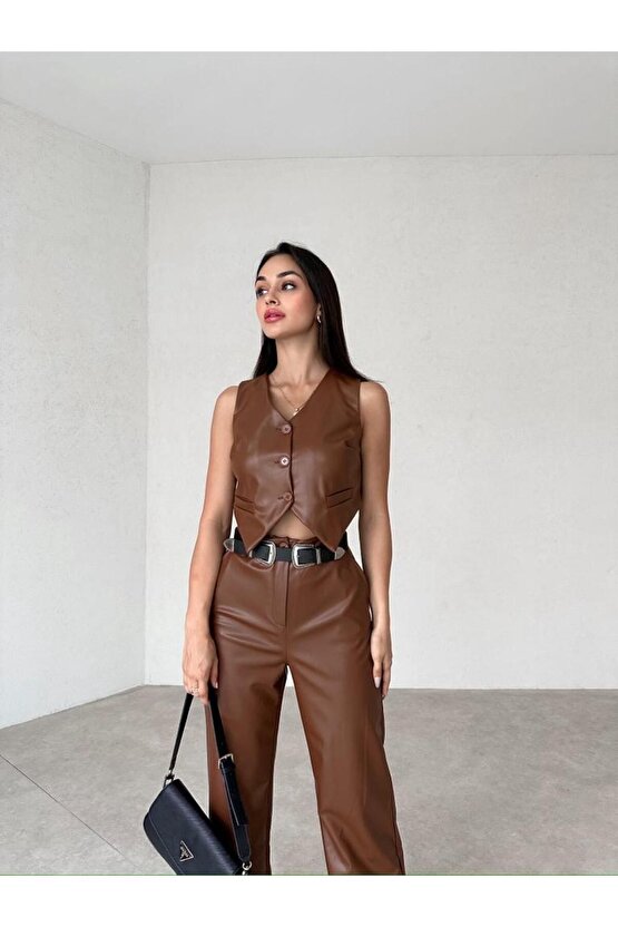 Yelekli Deri Kahverengi Takım