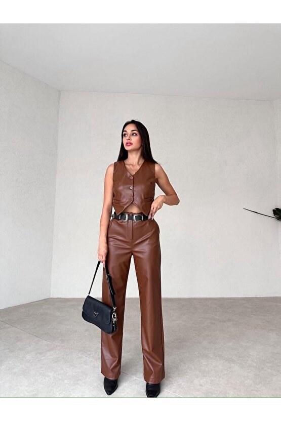 Yelekli Deri Kahverengi Takım