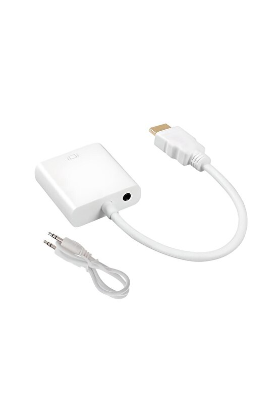 HDMI - VGA Dönüştürücü Adaptör + Ses Çıkışlı (Beyaz Renkli)