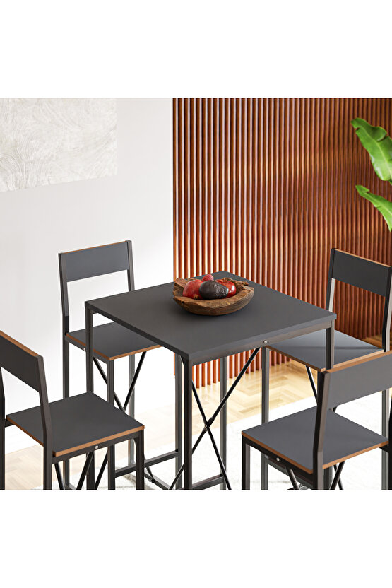 4 Kişilik Bar Masa Sandalye Seti Mutfak Yemek Masası Takımı Füme 1577