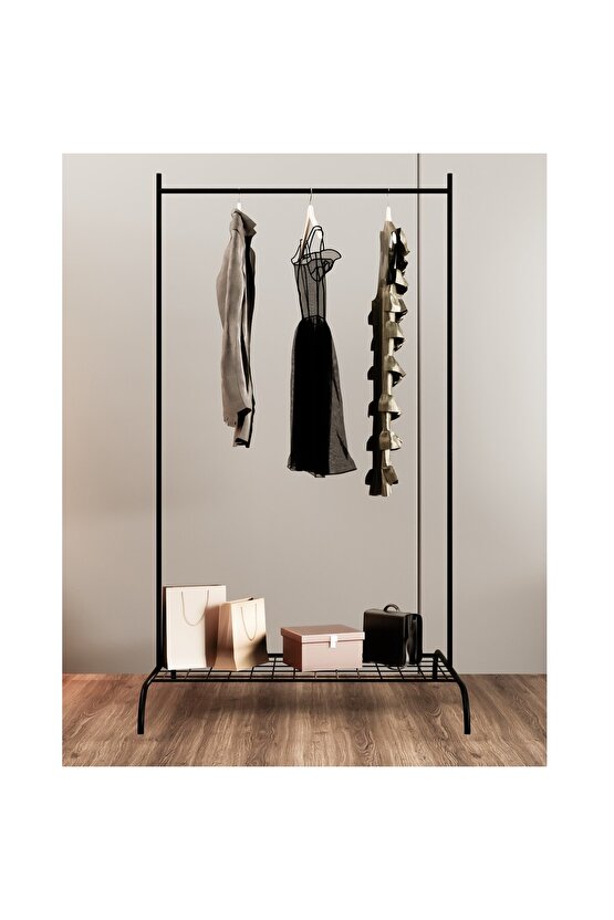 Konfeksiyon Askısı Metal Raflı Askılık Ayaklı Kıyafet Askılığı
