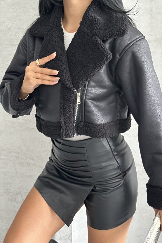 Kadın İçi Kürklü Suni Deri Mont - Crop Biker Deri Ceket