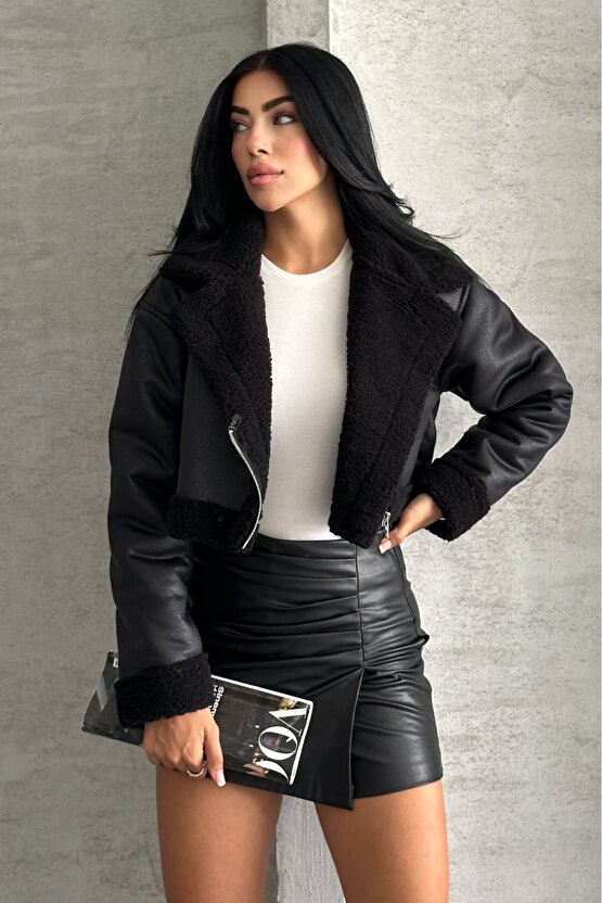 Kadın İçi Kürklü Suni Deri Mont - Crop Biker Deri Ceket