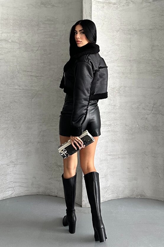 Kadın İçi Kürklü Suni Deri Mont - Crop Biker Deri Ceket