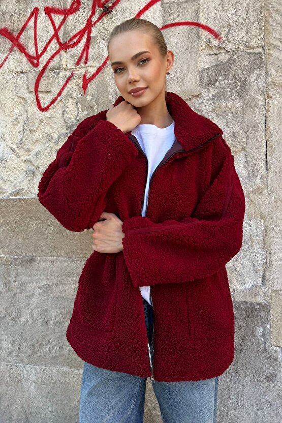 Dik Yakalı Cepli Oversize Kadın Peluş Mont - Bordo