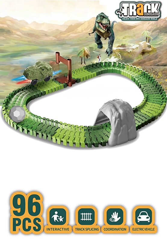 Dinozor Trucks 96 Parça Raylı Pist - Raylı Araç Oyuncak - Tren Oyuncak - Renkli Araç Yolu - Dino Tru