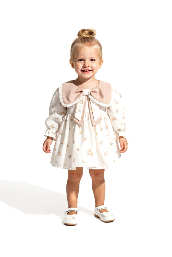 Kız Bebek Elbise Kız Çocuk Elbise Yakalı Doğum Günü Parti Düğün Özel Gün Uzun Kol Astarlı Çiçekli