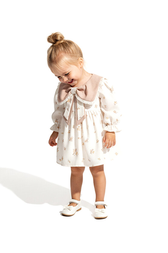 Kız Bebek Elbise Kız Çocuk Elbise Yakalı Doğum Günü Parti Düğün Özel Gün Uzun Kol Astarlı Çiçekli